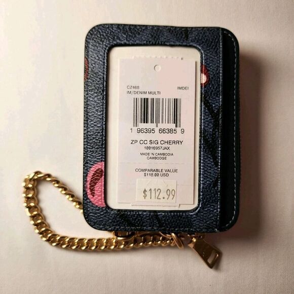 NWT Coach CZ468 Zip Card Case Signature Canvas Cherry Print Denim - Picture 2 of 4